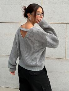 SHEIN Unity 女裝休閒純色垂墜肩毛衣 - 灰色 - 查看 2