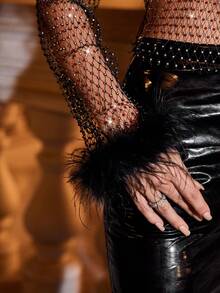 SHEIN Allurite Women's Diamond & Fishnet Patchwork Fluffy Cuff Top - Black - View 7