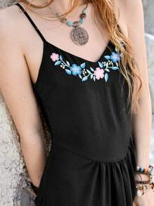 Bohemela Flower Embroidery Spaghetti Strap Cami Dress - Black - View 5