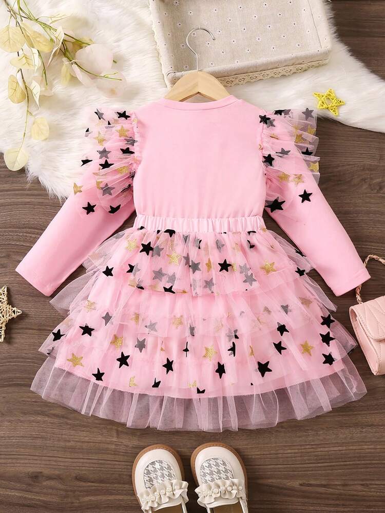 2pcs/set Girls' Lovely Star Printed Mesh Long Sleeve T-shirt And Skirt Summer Outfits