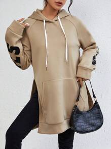 SHEIN Unity Slogan In Bên Khe Tay Raglan Dây rút Hoodie - Màu be - Xem 5