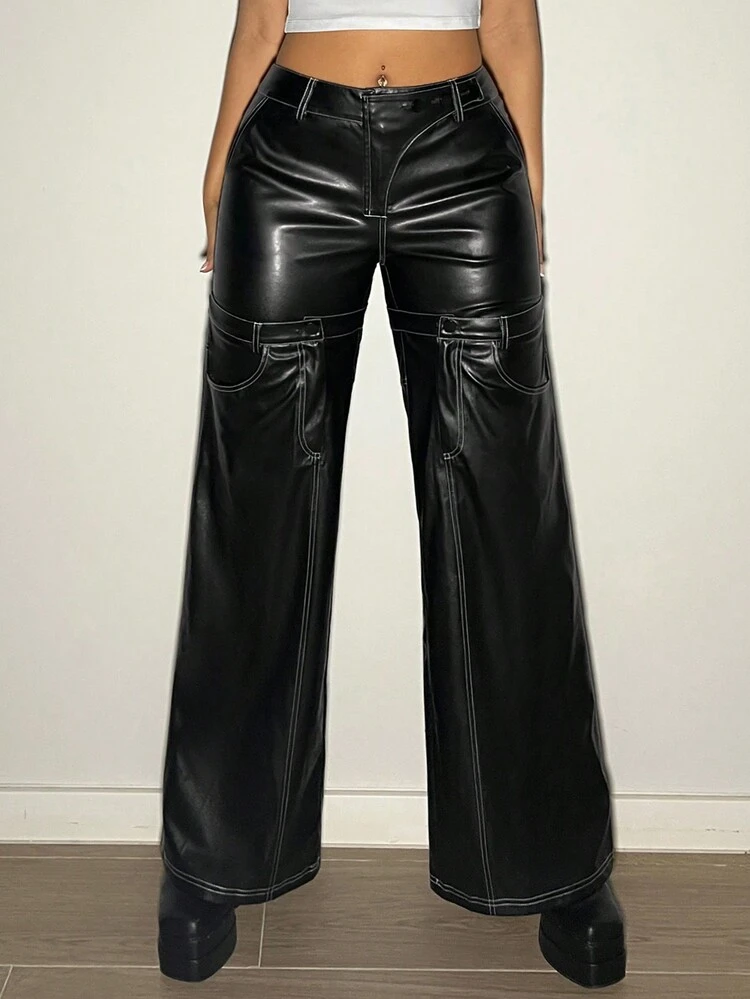 Detachable Layered Wide Leg Low Waist Pu Pants With Overlay Effect