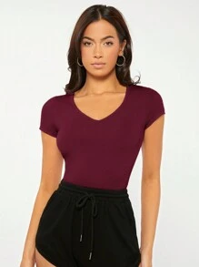 SHEIN BASICS Women's V-neck Solid Color Short Sleeve T-shirt - Burgundy - View 4