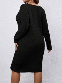 Calvaya Women's Plus Size Solid Color Loose Fit Drop Shoulder Casual Sweater Dress - Black - View 2