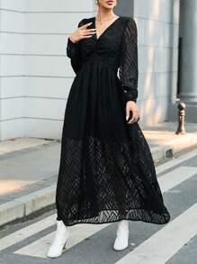 SHEIN Privé Women's V-neck Lantern Sleeve Open Back Dress - Brown - View 3