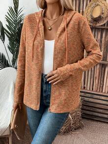 SHEIN Essnce 混色拉鍊連帽長衛衣 - 黃色 - 查看 6