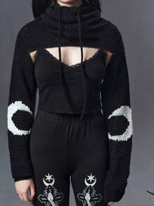 ROMWE Goth 女士月亮圖案束口帽超短毛衣 - 黑與白 - 查看 2