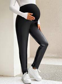 SHEIN Maternity Adjustable Waist Pu & Thermal Lined Leggings Pants, For Winter