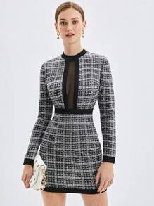 BizChic Vestido Feminino Xadrez Contraste com Tela - Preto e Branco - Visão 1