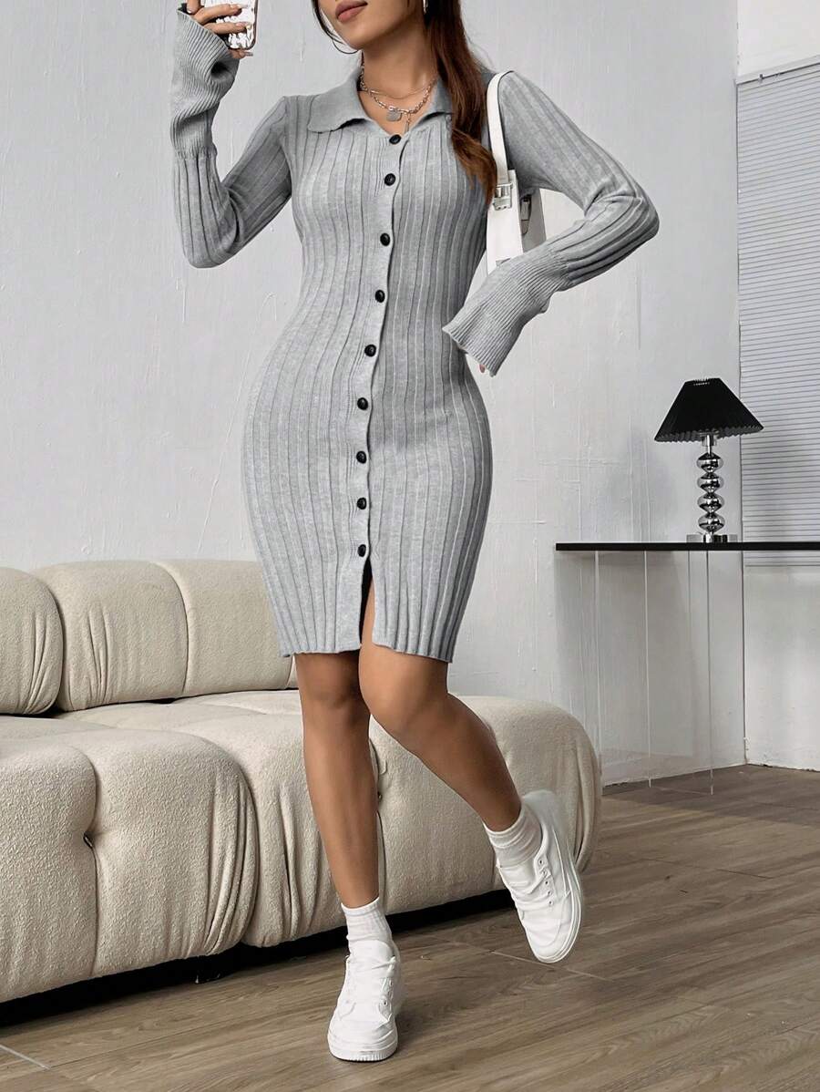 Flirla Women's Solid Color Button Front Ribbed Knit Sweater Dress - Grey - View 1