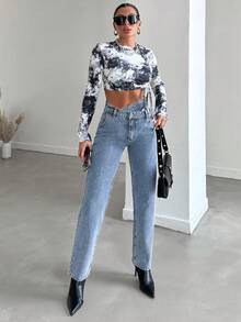 EURMUSE Ladies' High Waist Straight Leg Asymmetrical Hem Jeans - Medium Wash - View 3