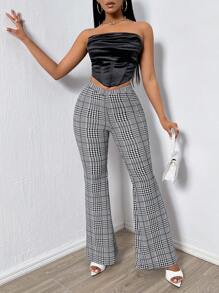 SHEIN SXY 女性格紋喇叭褲 - 黑色 - 查看 5