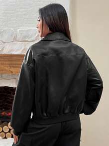 Muchica Chaqueta de cuero sintético rojo con cremallera, manga larga y hombros caídos, chaqueta corta negra para mujer en otoño/invierno - Negro - Ver 2