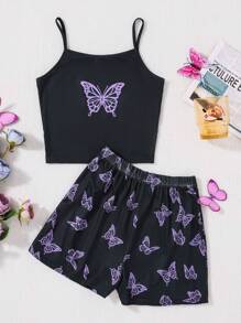 SHEIN Tiener Meisjes brei Vlinder Gevormd Tank tops En Short set Voor Casual Huiskleding