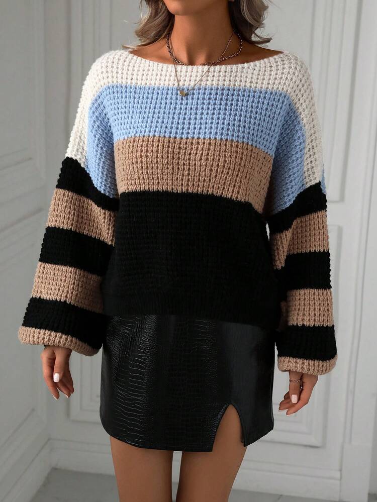 Women's Color Block Batwing Sleeve Knit Pullover Fall Winter Sweater