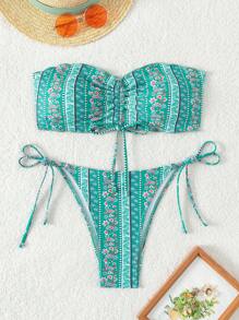SHEIN Swim Bộ bikini Bandeau có dây rút in họa tiết ngẫu nhiên mùa hè - Nhiều màu - Xem 3