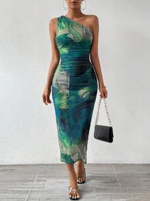 Chiquease Tie-Dye Bodycon One Shoulder Dress Maxi Women Outfit - Green - View 3
