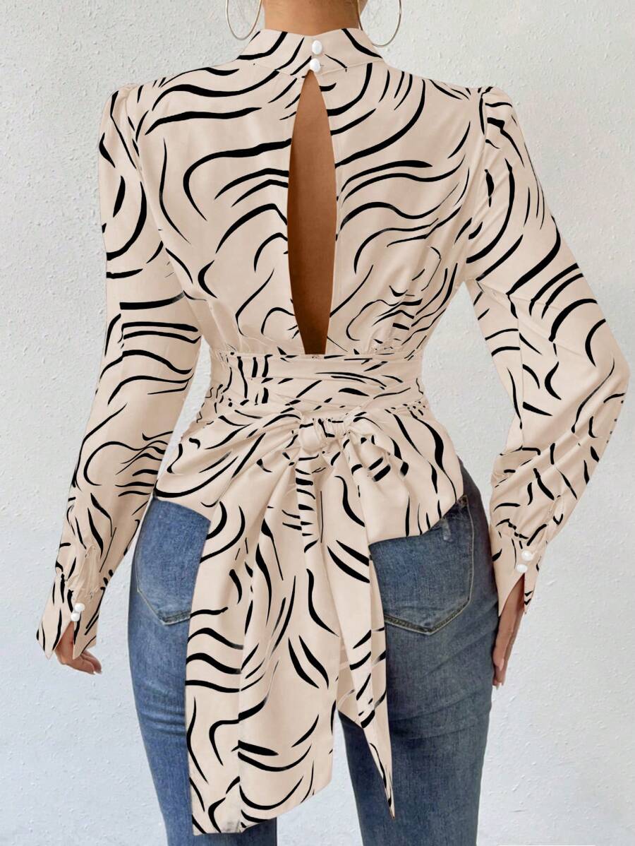 SHEIN Privé Backless Tie-up Floor-length Printed Shirt With Long Sleeves - Apricot - View 1