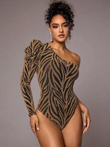 SHEIN BAE 女一肩羊袖斑馬條紋連身衣 - 金色 - 查看 1