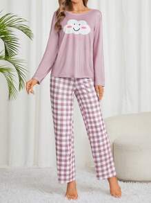 Ladies' Pajama Set With Smiling Cloud & Plaid Pattern - Dusty Purple - View 2