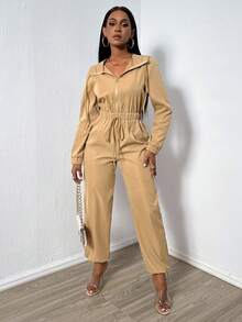 SHEIN Slayr Eo đàn hồi Dây kéo áo có mũ Áo liền quần - Màu Khaki - Xem 3