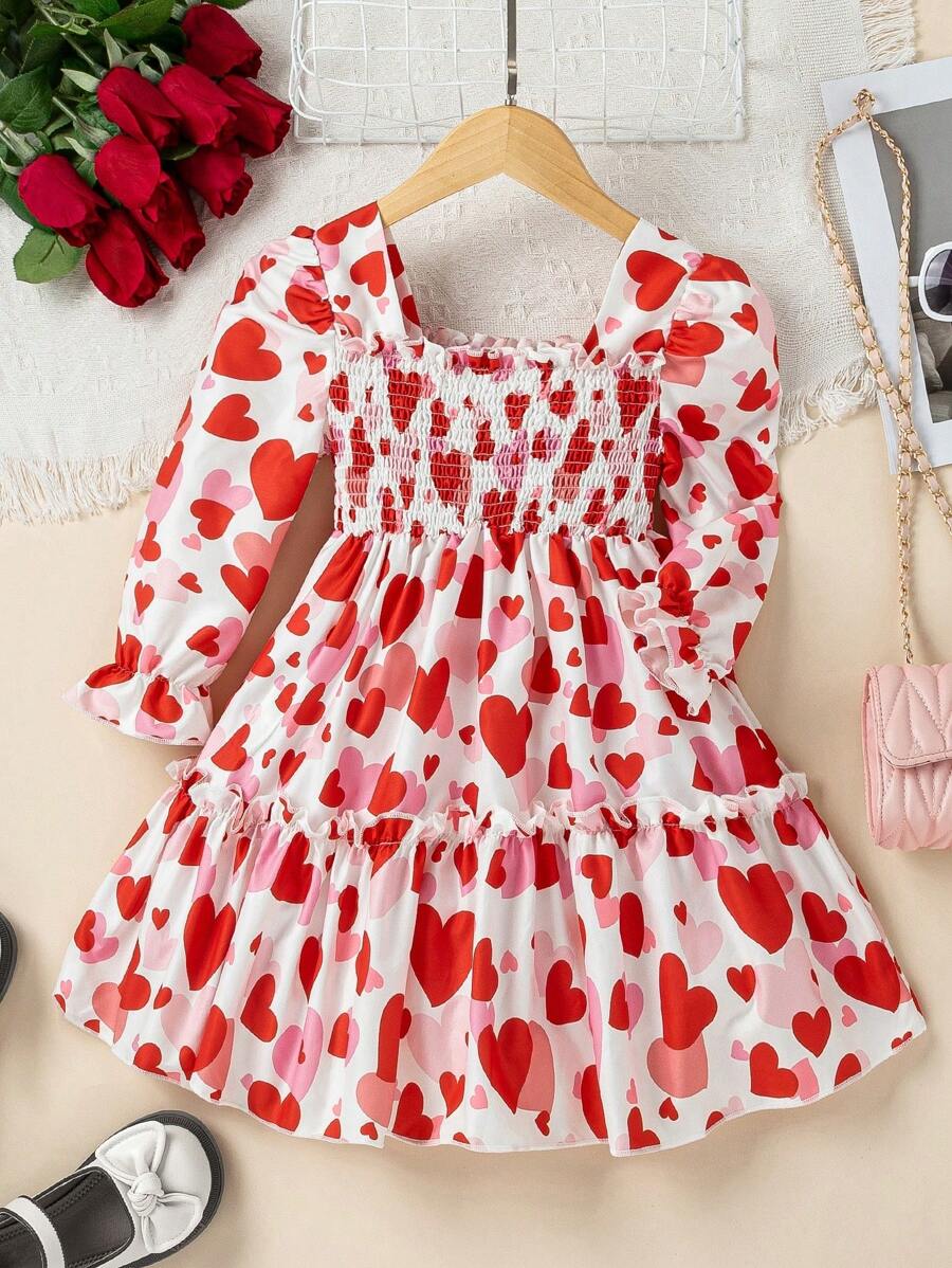 SHEIN Young Girls' Valentine's Day Heart Print Ruffle Trim Long Sleeve Princess Dress For Spring/Autumn Parties And Holidays - Red - View 1