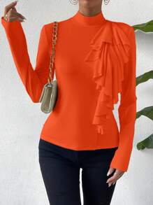 SHEIN Privé 女士立領蕾絲裝飾t恤 - 橘色 - 查看 4