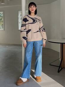 FRIFUL 女款花紋下垂肩毛衣 - 杏色 - 查看 5