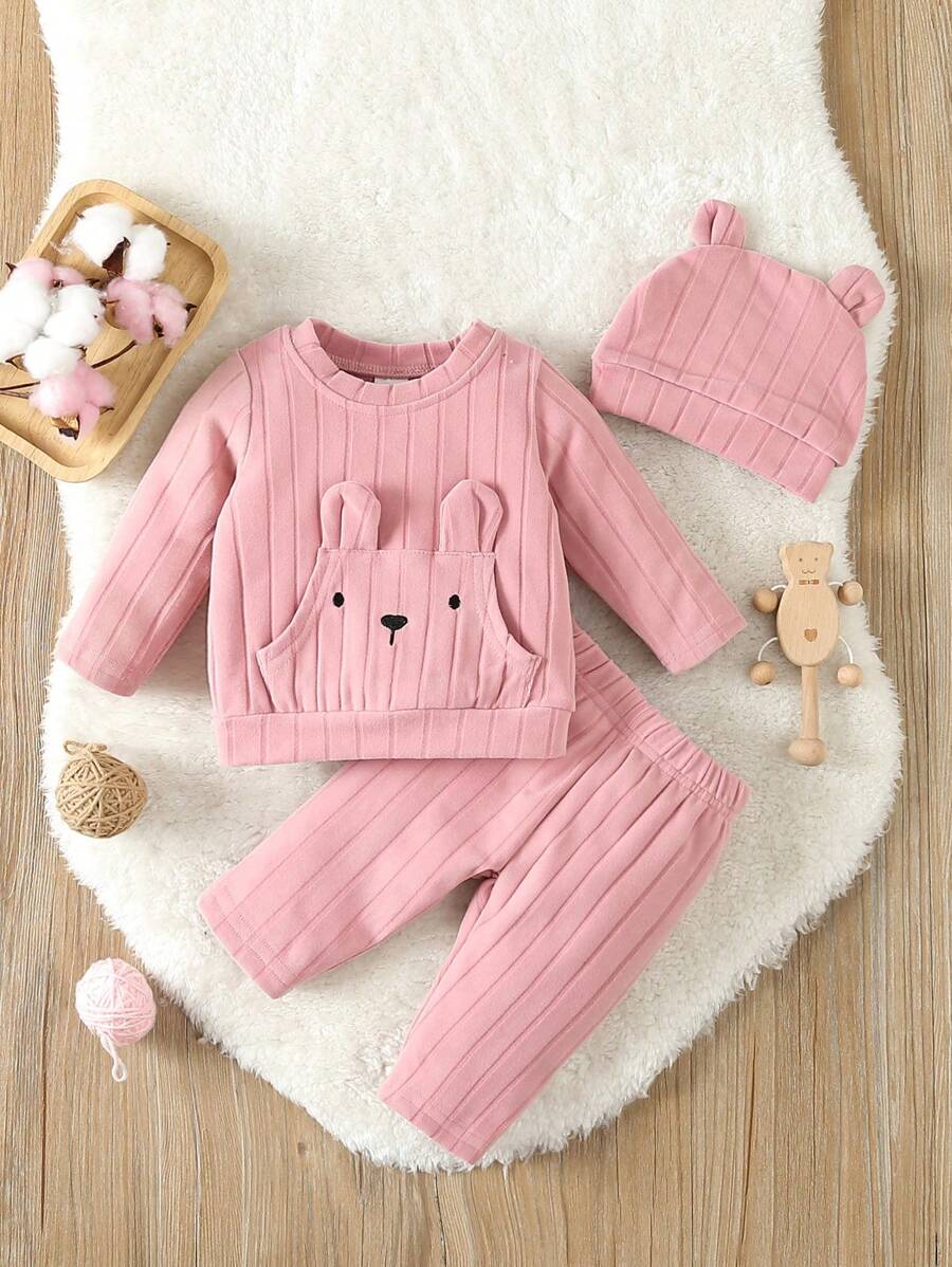 SHEIN 女嬰3入組淺粉色熊熊刺繡設計簡約居家服套裝,包括長褲、長袖上衣和帽裝 - 淺粉色 - 查看 1