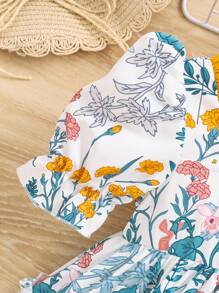 SHEIN 女宝宝休闲可爱花朵图案荷叶边短袖连衣裙 - 藍色 - 查看 4