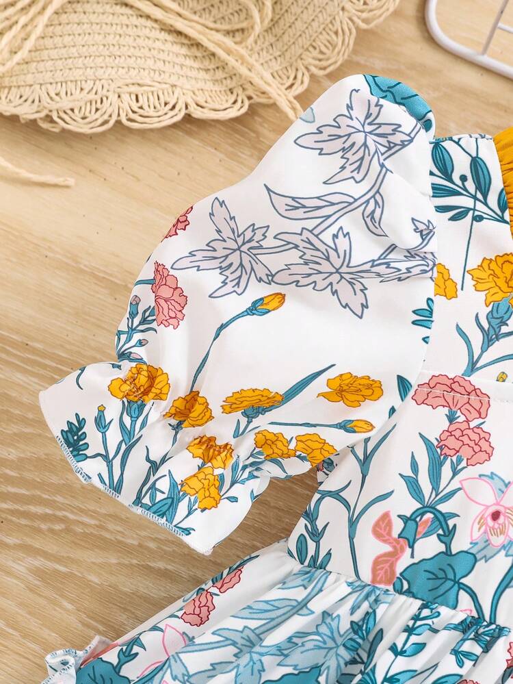 Baby Girls' Casual Cute Flower Pattern Short Sleeve Dress With Ruffle Trim