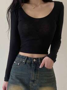 DAZY 女性純色圓領長袖t恤 - 黑色 - 查看 9