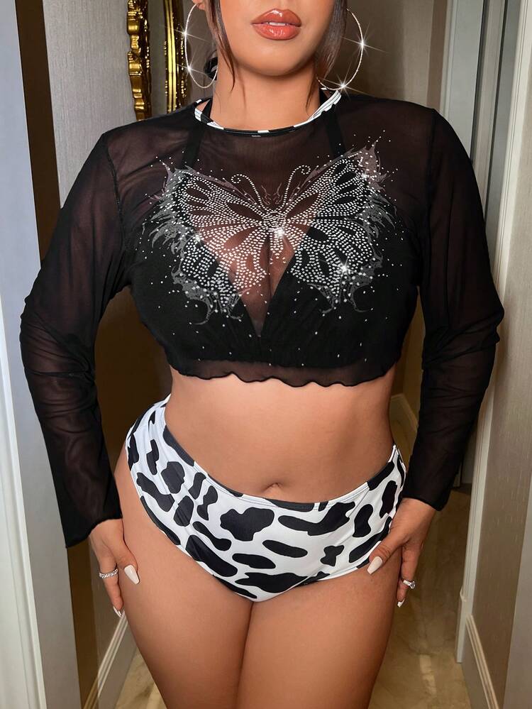 Plus Size Women's Butterfly Pattern Top And Cow Print Bikini Underwear Set Summer