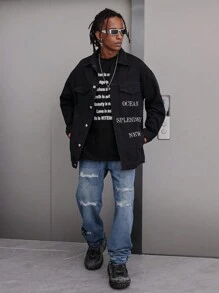 Manfinity Roghcode Men's Oversized Denim Jacket With Flap Pockets And Printed Text - Black - View 8