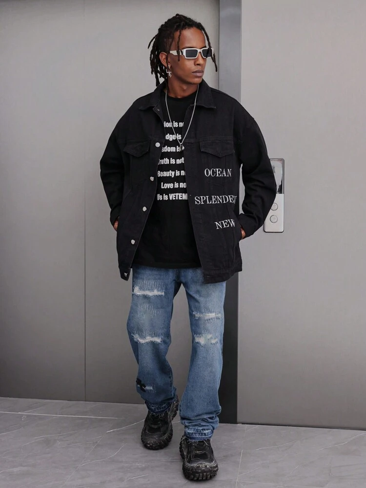 Men's Oversized Denim Jacket With Flap Pockets And Printed Text