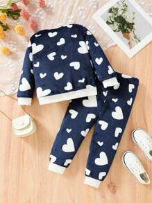 寶寶女孩秋冬季日常休閒可愛的心形印花毛絨外套,適合派對、度假、生日等場合 - 藏蓝色 - 查看 2