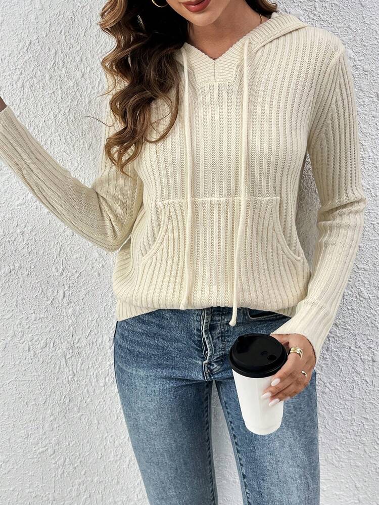 Women's Solid Color Drawstring Hooded Knit Pullover Fall Winter Sweater