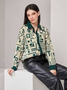 Seusyu Loose-fit Casual Long Sleeve Shirt With Printed Patchwork And Stitching Detail - Green - View 1