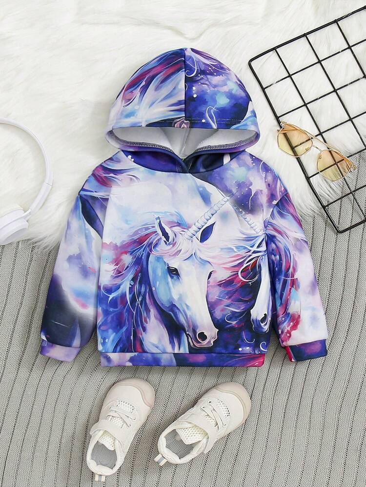 Baby Girls' Casual Blue Unicorn Pattern Hooded Long Sleeve Sweatshirt