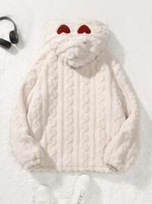 Muchica Dây kéo Khép kín áo có mũ Áo Teddy Jackets
   Với Túi kangaroo , Slogan Và Thêu trái tim - Màu be - Xem 2