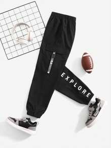 SHEIN Thiếu niên Con trai Lỏng lẻo Phù hợp Mô hình hoa In Dệt Đã bỏ túi Dệt Quần - màu đen - Xem 1