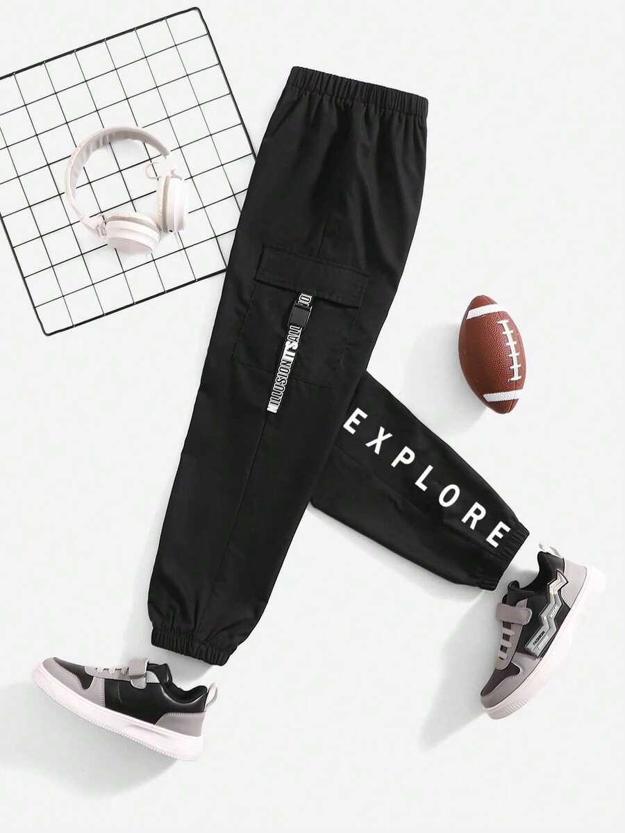 SHEIN Thiếu niên Con trai Lỏng lẻo Phù hợp Mô hình hoa In Dệt Đã bỏ túi Dệt Quần - màu đen - Xem 1