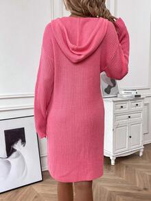 SHEIN Essnce 純色束口連帽針織衫裙,下垂肩袖設計,不包含腰帶 - 粉色 - 查看 2