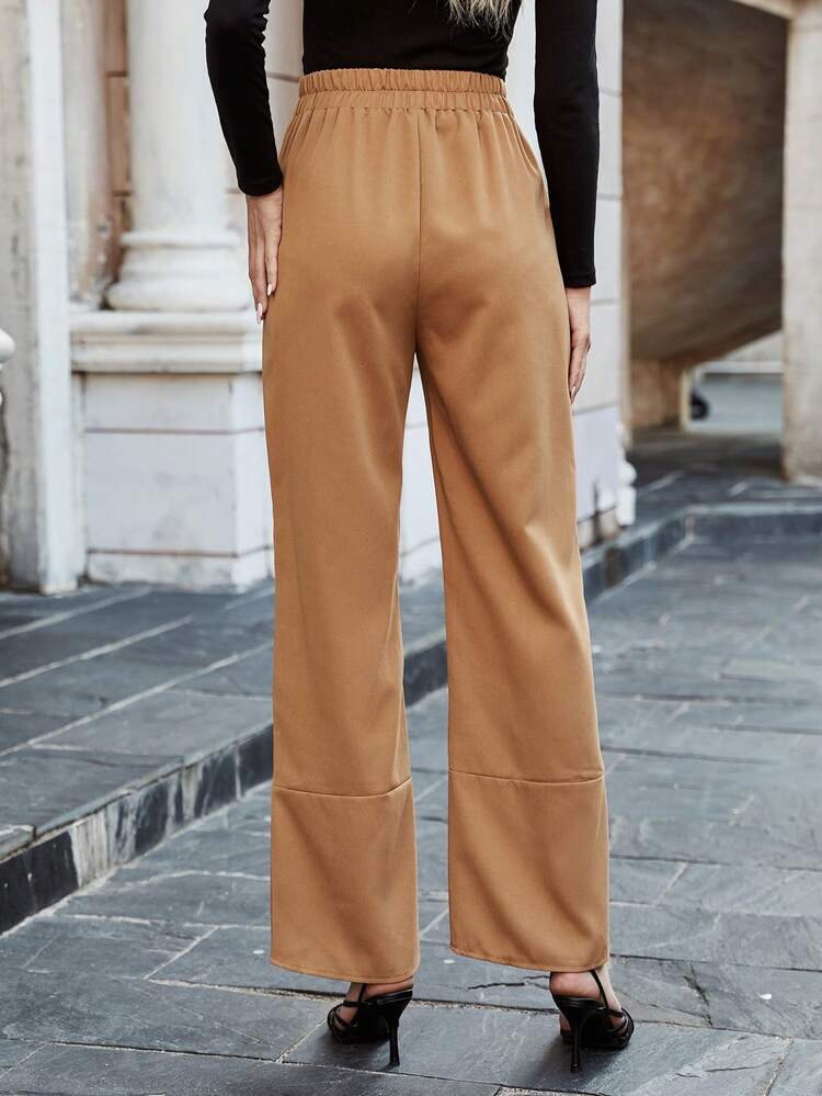 Women's Casual Solid Color Straight Pants With Elastic Waistband And Button Detail Fall Cloth For Women