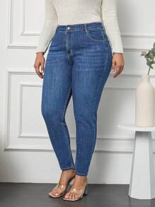 SHEIN Cottnline Vaqueros De Talle Alto Y Tallas Grandes De Corte Ajustado - Azul lavado medio - View 4