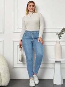 SHEIN Cottnline Plus Size High Waist Skinny Jeans - Light Wash - View 6