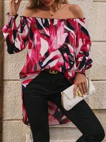 SHEIN Clasi Women's Off Shoulder Leaf Printed High Low Hem Blouse - Hot Pink - View 1