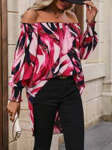 SHEIN Clasi Women's Off Shoulder Leaf Printed High Low Hem Blouse - Hot Pink - View 3