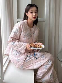 DAZY Women's Chinese Style Flower Printed Thickened Pajama Set For Home Fall,Winter - Pink - View 1