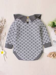 嬰幼兒女孩鏤邊裝飾詳細魚鱗紋長袖連體裙 - 灰色 - 查看 2